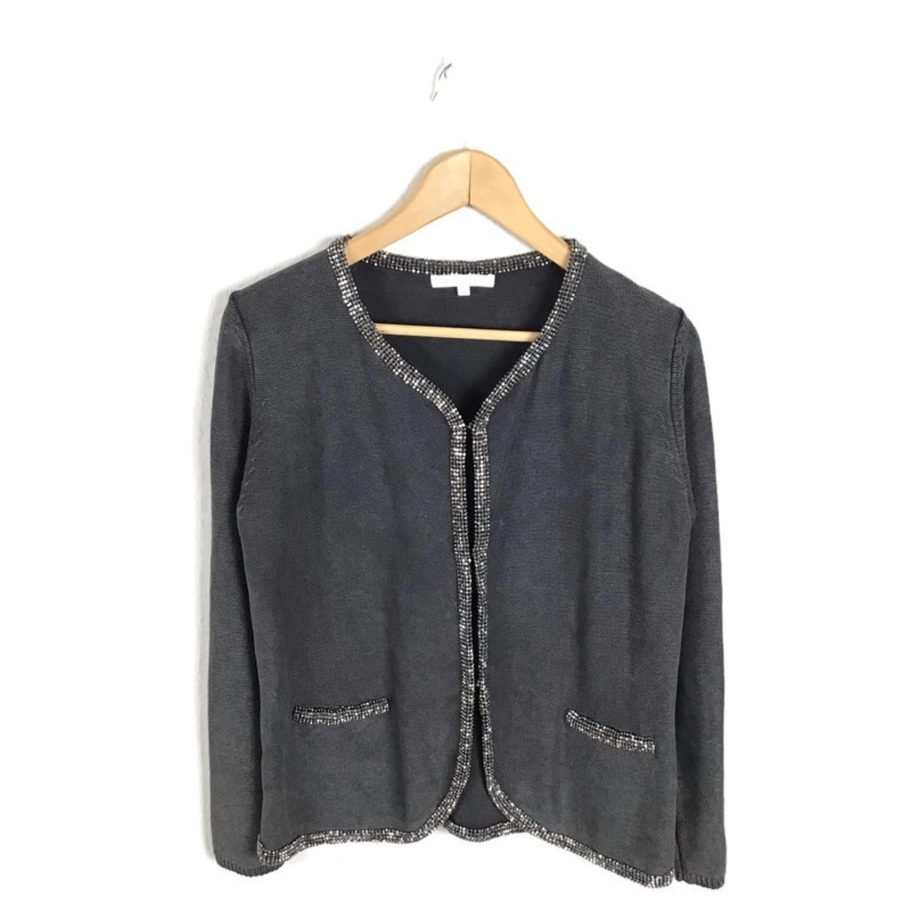 MAJE Cardigan Sweater Beaded Trim Linen Cotton Knit